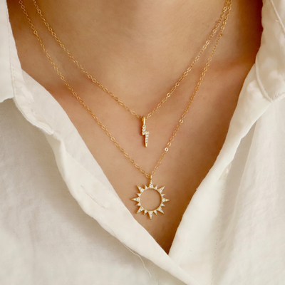 Boho gold sunflower necklace and lightning bolt necklace