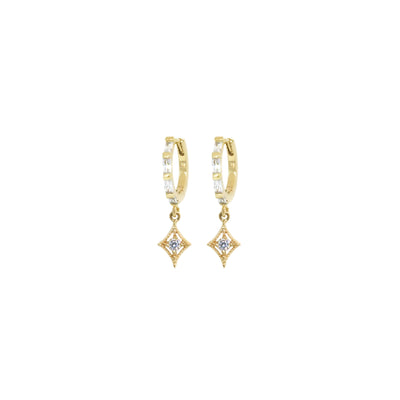 Gold huggie hoop earrings with diamond shape charms