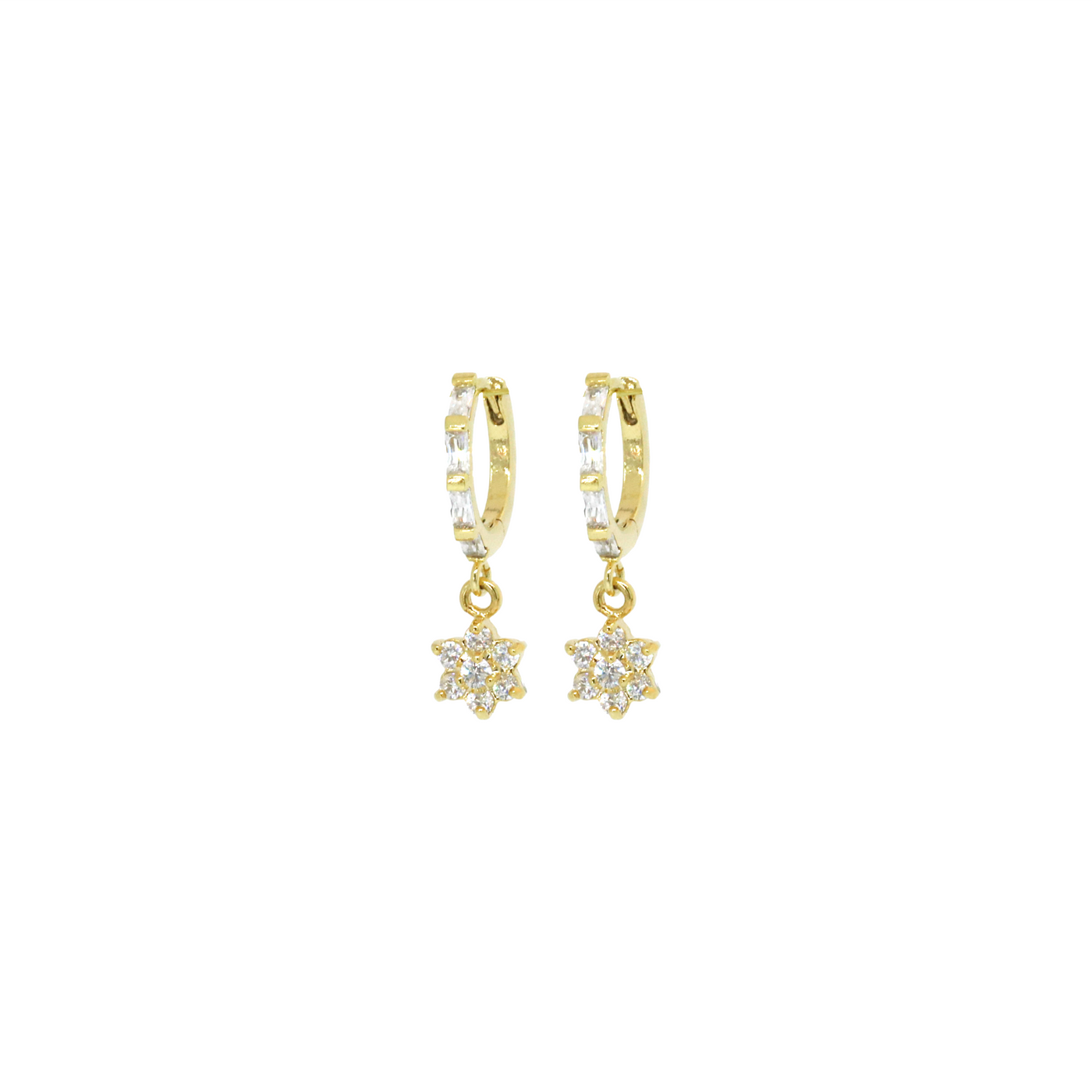 Gold huggie earrings with flower charms