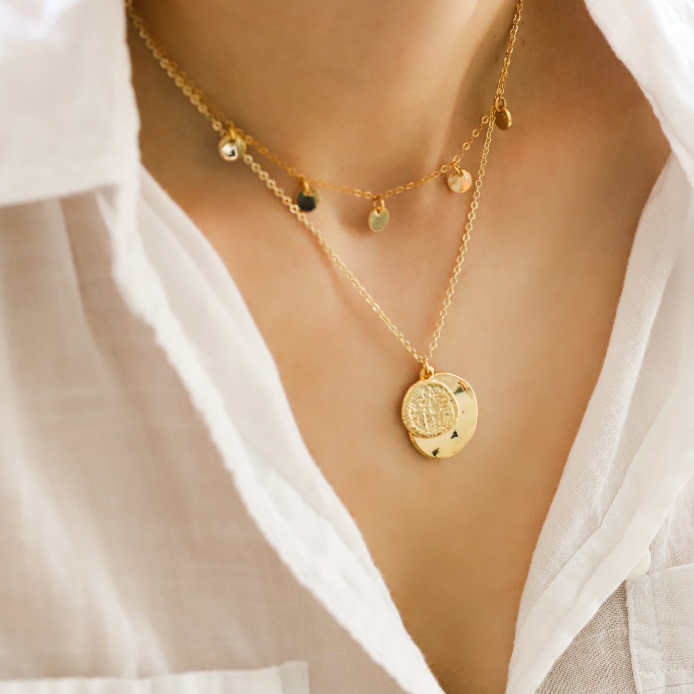 14K gold filled choker necklace and coin pendant necklace