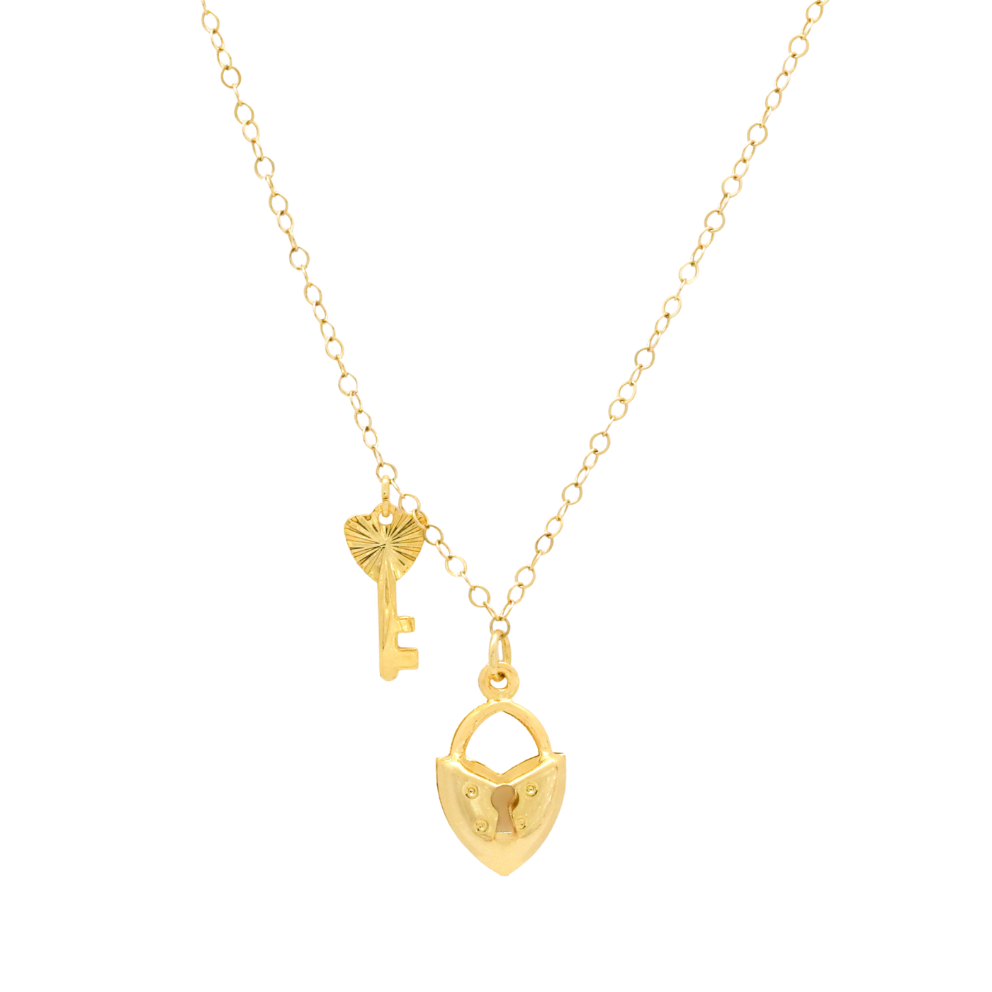 Gold heart lock and key pendant necklace