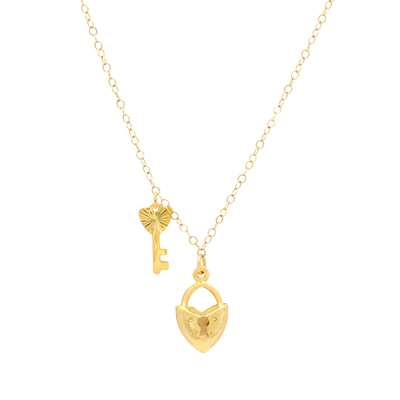Gold heart lock and key pendant necklace