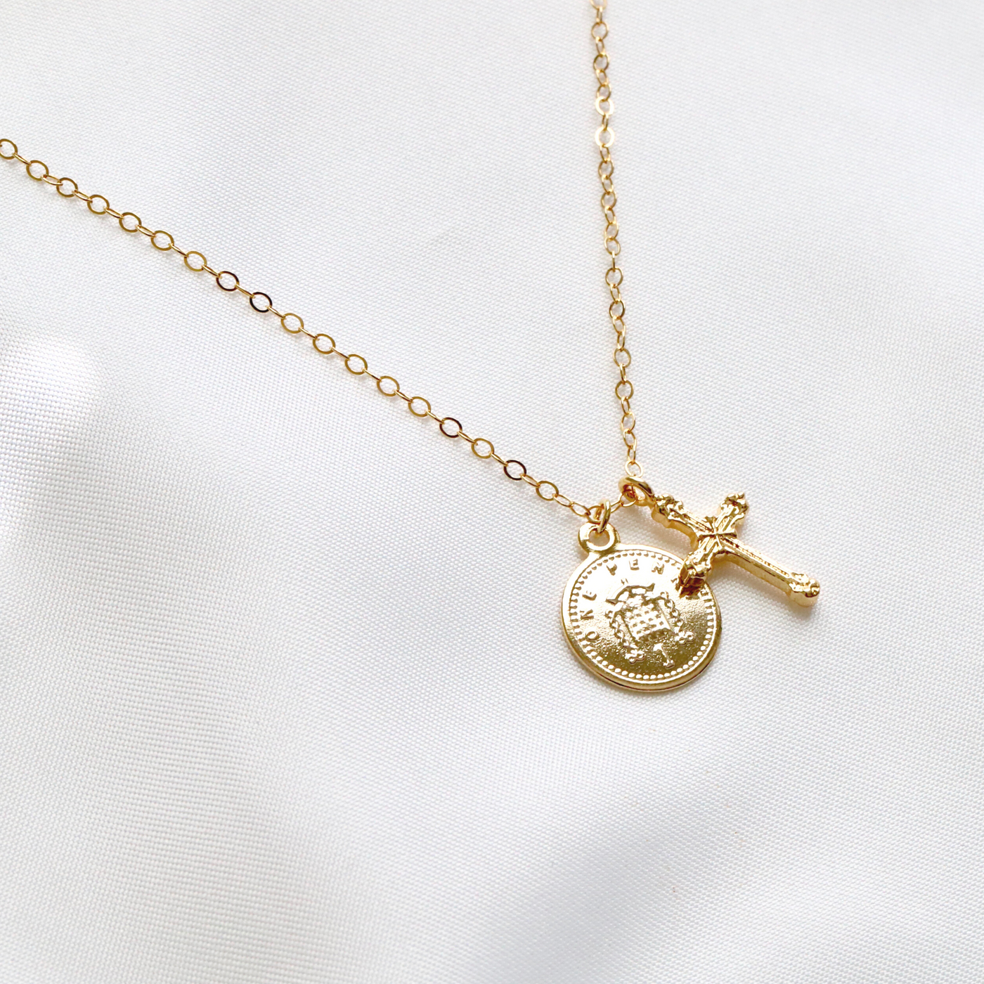 Minimalist 14K gold filled coin and cross necklace