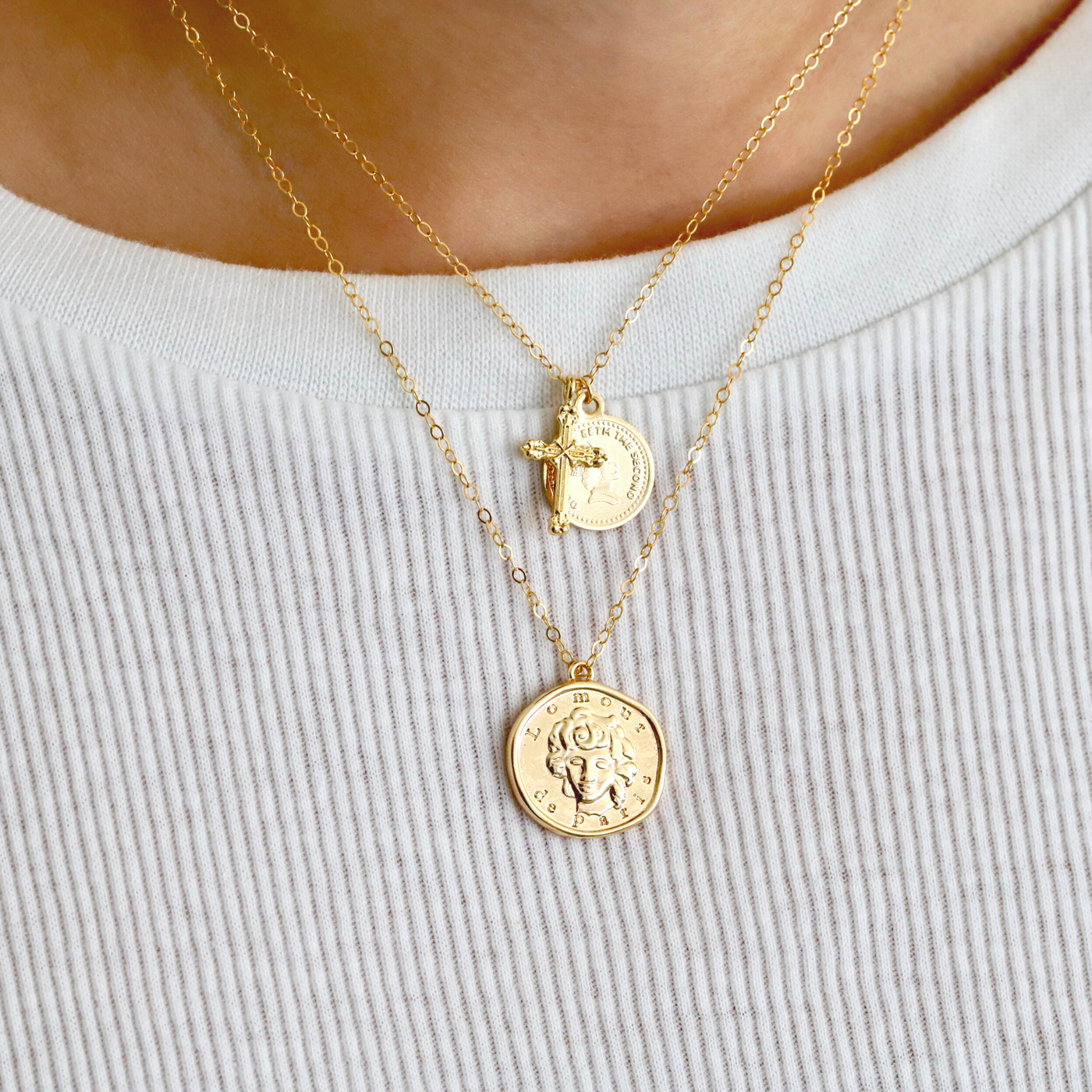 Dainty gold cross and coin necklace for everyday ware