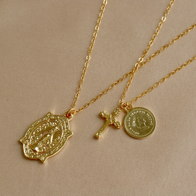 Gold religious necklace, virgin Mary and cross necklaces